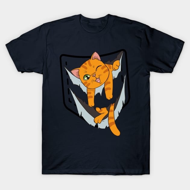 Gold Winking Kitten Sits In Pocket Tee Cat Design T-Shirt by RKP'sTees